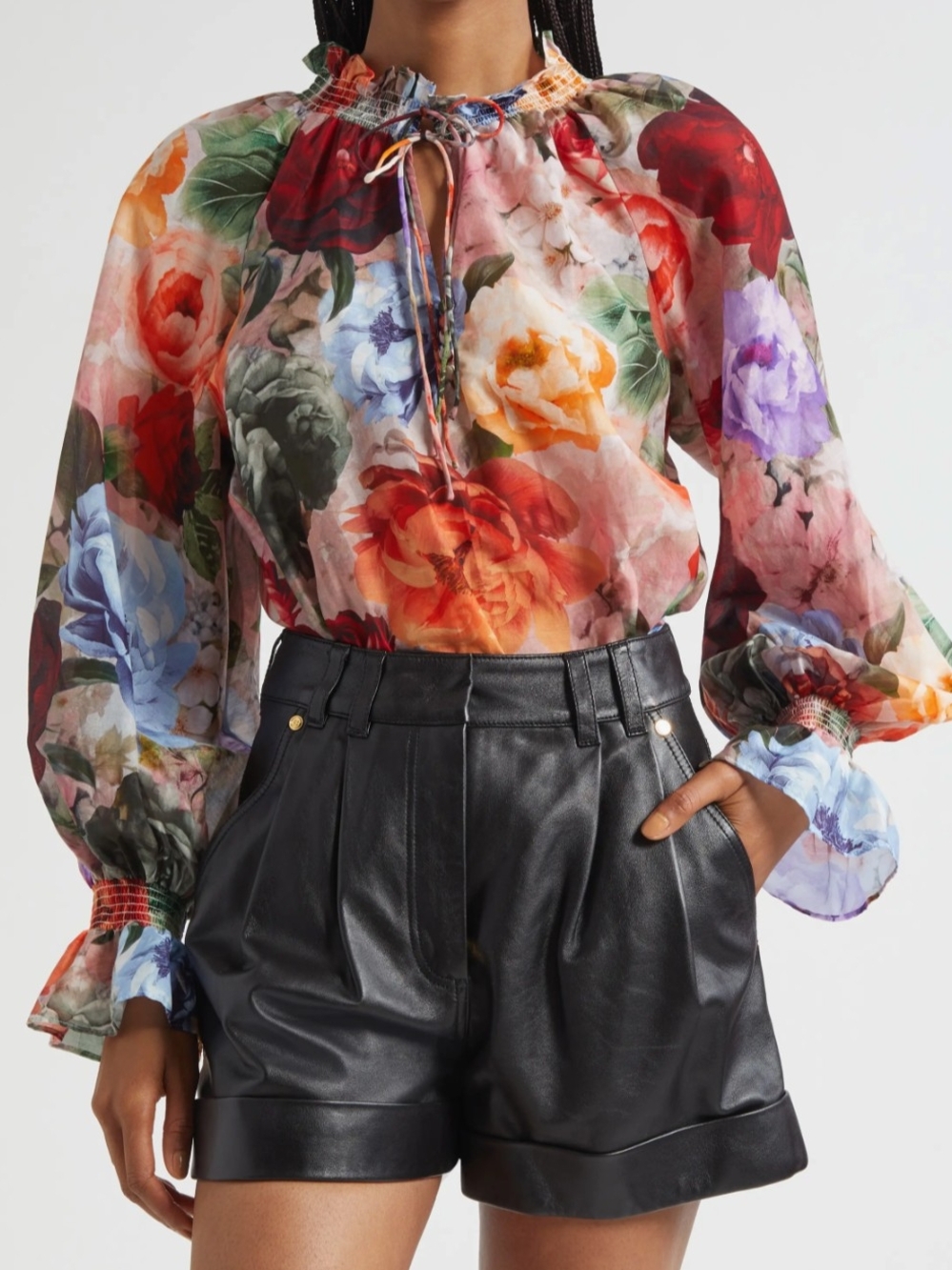 Alice + Olivia Norah Ruffle Silk And Cotton Peasant Blouse Floral Multi Color XS